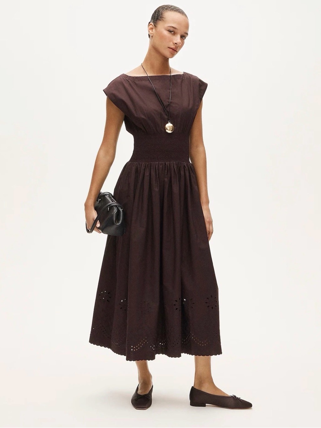 J.Crew Smocked Eyelet-Hem Dress Brown Cotton Poplin Sz. Small Tall Ct283 New